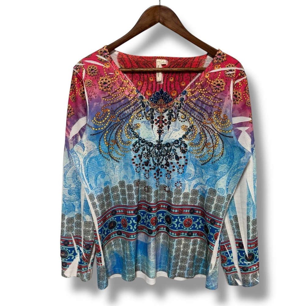 Susan Lawrence Women's BoHo Long Sleeve V Neck Top USA Made Size‎ L 21 x 26